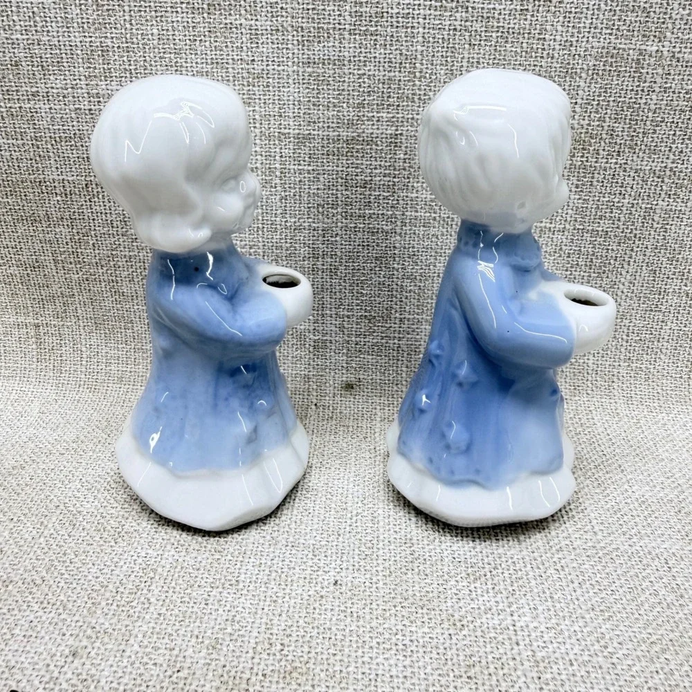 Vintage Blue White Ceramic Choir Boy Girl Figurines Candle Holder Set of 2